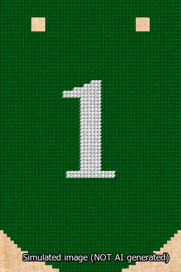 A simulated image of the stitched needlepoint design: Banner 13m Curved 1 White on Green. Not A.I. generated.