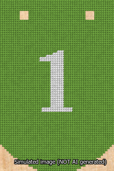 A simulated image of the stitched needlepoint design: Banner 13m Curved 1 White on Light Green. Not A.I. generated.