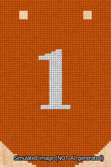A simulated image of the stitched needlepoint design: Banner 13m Curved 1 White on Orange. Not A.I. generated.