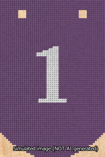 A simulated image of the stitched needlepoint design: Banner 13m Curved 1 White on Purple. Not A.I. generated.