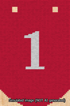 A simulated image of the stitched needlepoint design: Banner 13m Curved 1 White on Red. Not A.I. generated.