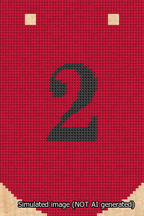 A simulated image of the stitched needlepoint design: Banner 13m Curved 2 Black on Red. Not A.I. generated.