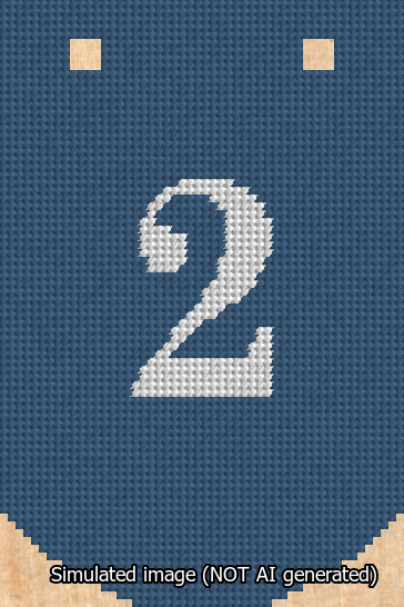 A simulated image of the stitched needlepoint design: Banner 13m Curved 2 White on Blue. Not A.I. generated.