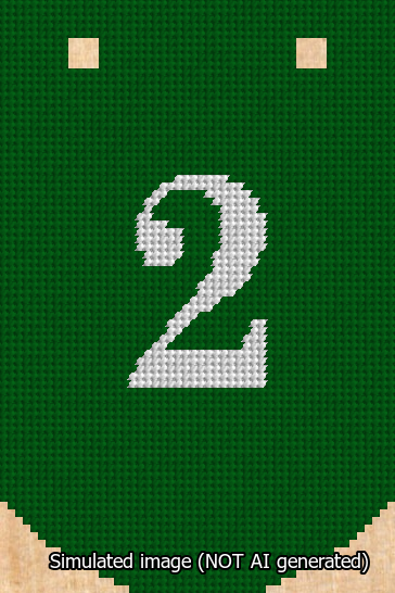A simulated image of the stitched needlepoint design: Banner 13m Curved 2 White on Green. Not A.I. generated.