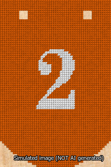 A simulated image of the stitched needlepoint design: Banner 13m Curved 2 White on Orange. Not A.I. generated.