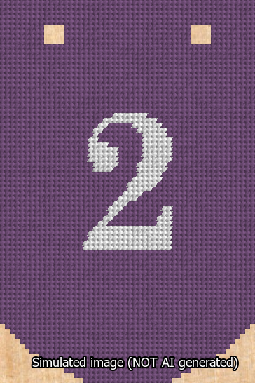 A simulated image of the stitched needlepoint design: Banner 13m Curved 2 White on Purple. Not A.I. generated.