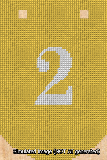 A simulated image of the stitched needlepoint design: Banner 13m Curved 2 White on Yellow. Not A.I. generated.