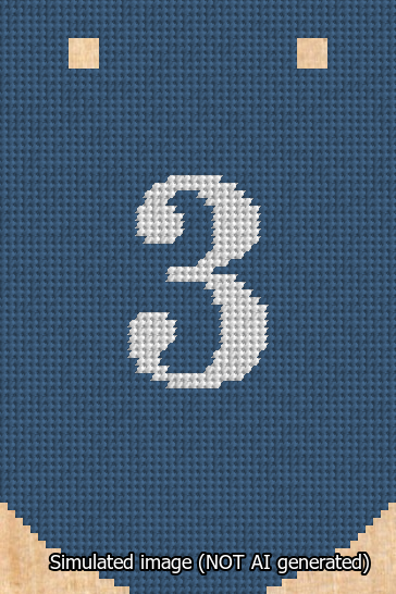 A simulated image of the stitched needlepoint design: Banner 13m Curved 3 White on Blue. Not A.I. generated.
