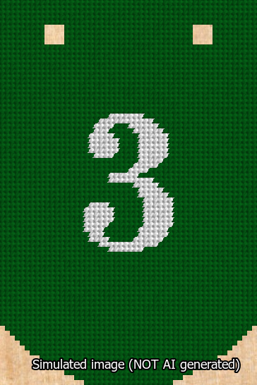 A simulated image of the stitched needlepoint design: Banner 13m Curved 3 White on Green. Not A.I. generated.