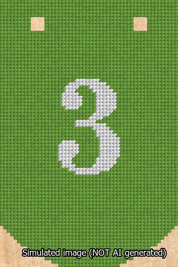 A simulated image of the stitched needlepoint design: Banner 13m Curved 3 White on Light Green. Not A.I. generated.