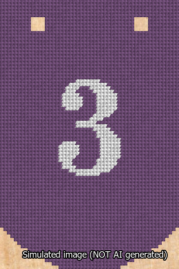 A simulated image of the stitched needlepoint design: Banner 13m Curved 3 White on Purple. Not A.I. generated.
