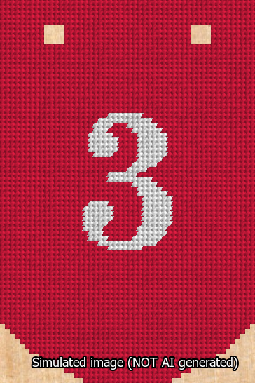 A simulated image of the stitched needlepoint design: Banner 13m Curved 3 White on Red. Not A.I. generated.