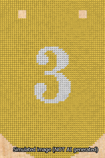 A simulated image of the stitched needlepoint design: Banner 13m Curved 3 White on Yellow. Not A.I. generated.