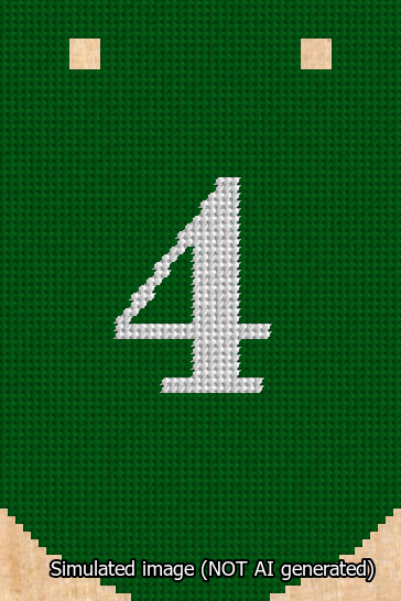 A simulated image of the stitched needlepoint design: Banner 13m Curved 4 White on Green. Not A.I. generated.