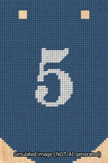A simulated image of the stitched needlepoint design: Banner 13m Curved 5 White on Blue. Not A.I. generated.