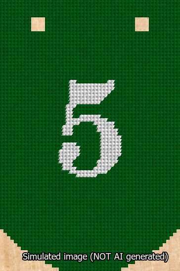 A simulated image of the stitched needlepoint design: Banner 13m Curved 5 White on Green. Not A.I. generated.