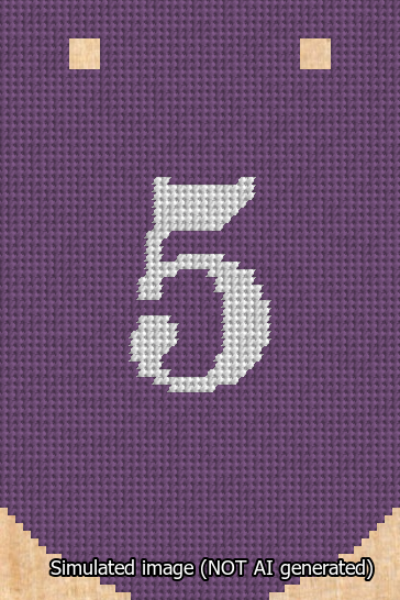 A simulated image of the stitched needlepoint design: Banner 13m Curved 5 White on Purple. Not A.I. generated.