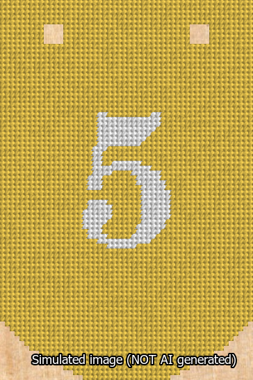 A simulated image of the stitched needlepoint design: Banner 13m Curved 5 White on Yellow. Not A.I. generated.