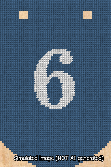 A simulated image of the stitched needlepoint design: Banner 13m Curved 6 White on Blue. Not A.I. generated.