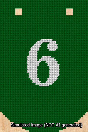 A simulated image of the stitched needlepoint design: Banner 13m Curved 6 White on Green. Not A.I. generated.