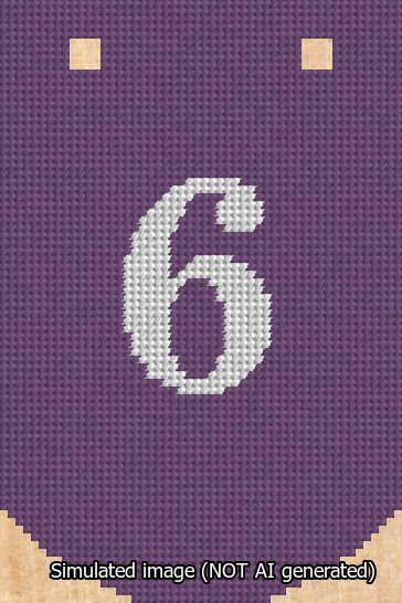 A simulated image of the stitched needlepoint design: Banner 13m Curved 6 White on Purple. Not A.I. generated.