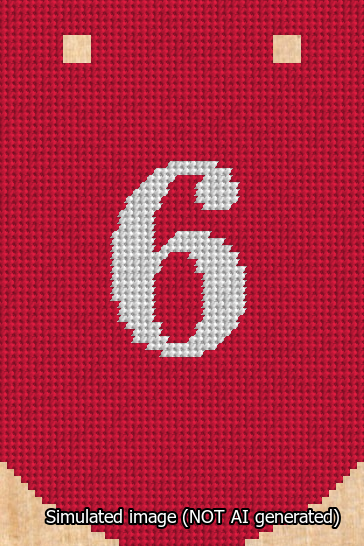 A simulated image of the stitched needlepoint design: Banner 13m Curved 6 White on Red. Not A.I. generated.