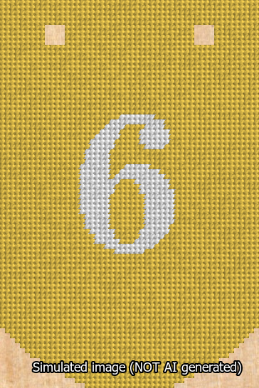 A simulated image of the stitched needlepoint design: Banner 13m Curved 6 White on Yellow. Not A.I. generated.