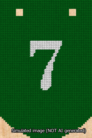 A simulated image of the stitched needlepoint design: Banner 13m Curved 7 White on Green. Not A.I. generated.
