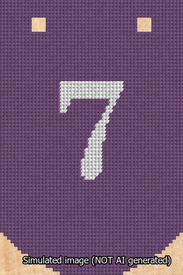 A simulated image of the stitched needlepoint design: Banner 13m Curved 7 White on Purple. Not A.I. generated.