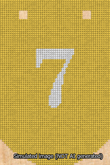 A simulated image of the stitched needlepoint design: Banner 13m Curved 7 White on Yellow. Not A.I. generated.