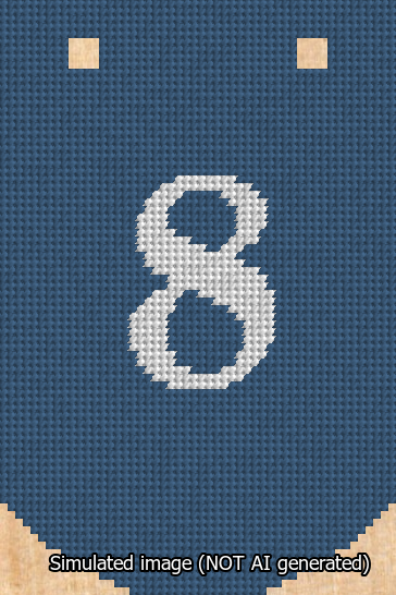 A simulated image of the stitched needlepoint design: Banner 13m Curved 8 White on Blue. Not A.I. generated.