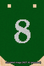 A simulated image of the stitched needlepoint design: Banner 13m Curved 8 White on Green. Not A.I. generated.