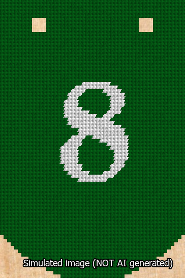 A simulated image of the stitched needlepoint design: Banner 13m Curved 8 White on Green. Not A.I. generated.