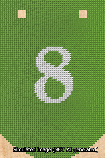 A simulated image of the stitched needlepoint design: Banner 13m Curved 8 White on Light Green. Not A.I. generated.