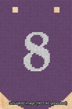 A simulated image of the stitched needlepoint design: Banner 13m Curved 8 White on Purple. Not A.I. generated.