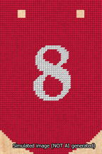 A simulated image of the stitched needlepoint design: Banner 13m Curved 8 White on Red. Not A.I. generated.