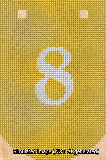 A simulated image of the stitched needlepoint design: Banner 13m Curved 8 White on Yellow. Not A.I. generated.