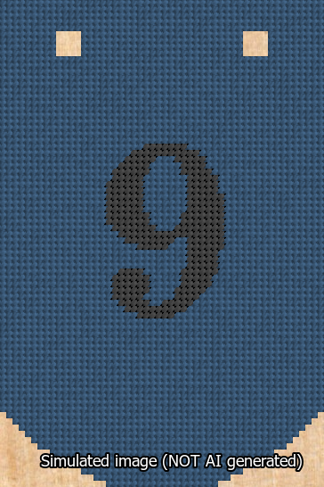 A simulated image of the stitched needlepoint design: Banner 13m Curved 9 Black on Blue. Not A.I. generated.