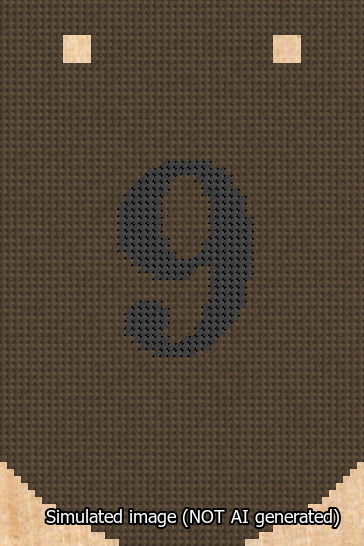 A simulated image of the stitched needlepoint design: Banner 13m Curved 9 Black on Brown. Not A.I. generated.