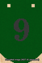 A simulated image of the stitched needlepoint design: Banner 13m Curved 9 Black on Green. Not A.I. generated.