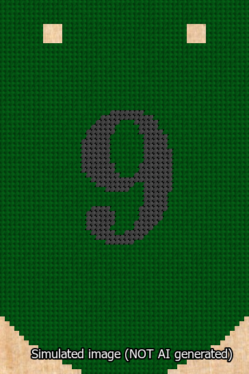 A simulated image of the stitched needlepoint design: Banner 13m Curved 9 Black on Green. Not A.I. generated.