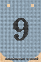 A simulated image of the stitched needlepoint design: Banner 13m Curved 9 Black on Light Blue. Not A.I. generated.