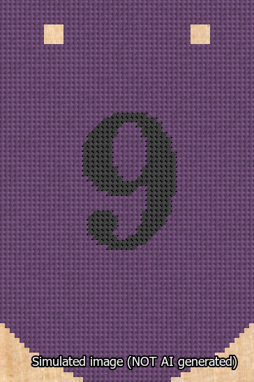 A simulated image of the stitched needlepoint design: Banner 13m Curved 9 Black on Purple. Not A.I. generated.