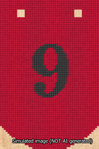 A simulated image of the stitched needlepoint design: Banner 13m Curved 9 Black on Red. Not A.I. generated.