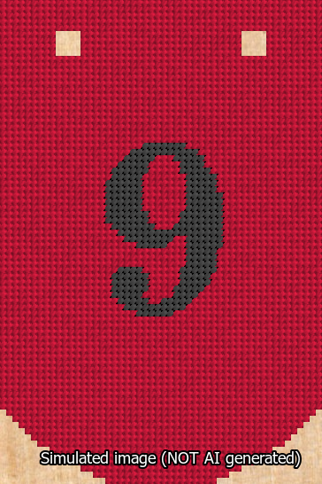 A simulated image of the stitched needlepoint design: Banner 13m Curved 9 Black on Red. Not A.I. generated.