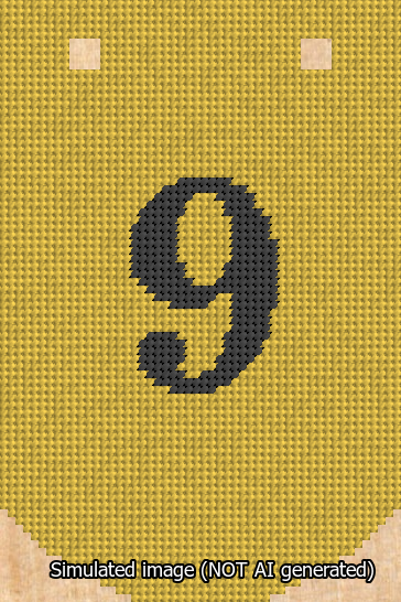 A simulated image of the stitched needlepoint design: Banner 13m Curved 9 Black on Yellow. Not A.I. generated.