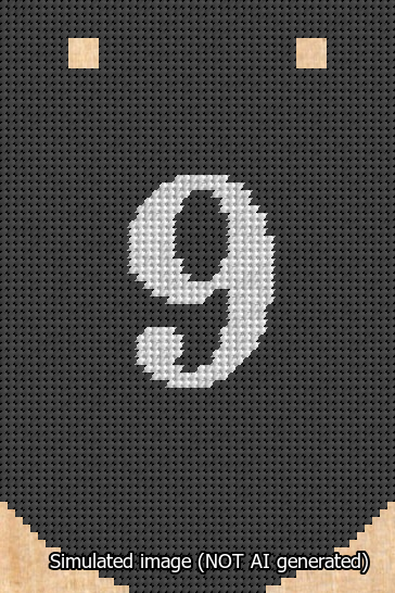 A simulated image of the stitched needlepoint design: Banner 13m Curved 9 White on Black. Not A.I. generated.