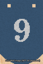 A simulated image of the stitched needlepoint design: Banner 13m Curved 9 White on Blue. Not A.I. generated.