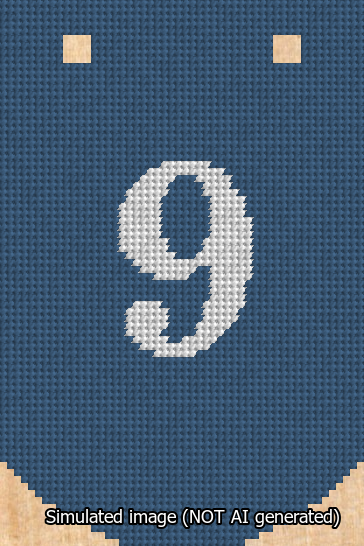 A simulated image of the stitched needlepoint design: Banner 13m Curved 9 White on Blue. Not A.I. generated.