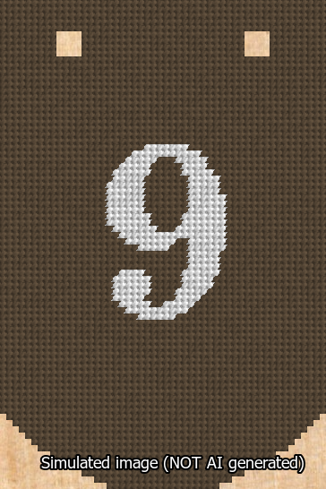 A simulated image of the stitched needlepoint design: Banner 13m Curved 9 White on Brown. Not A.I. generated.